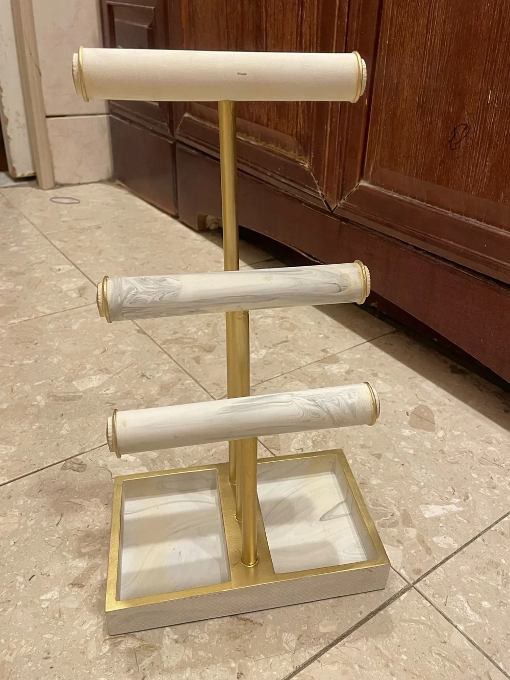 Three-Tier Jewelry Display Stand in White Marble Finish and Gold